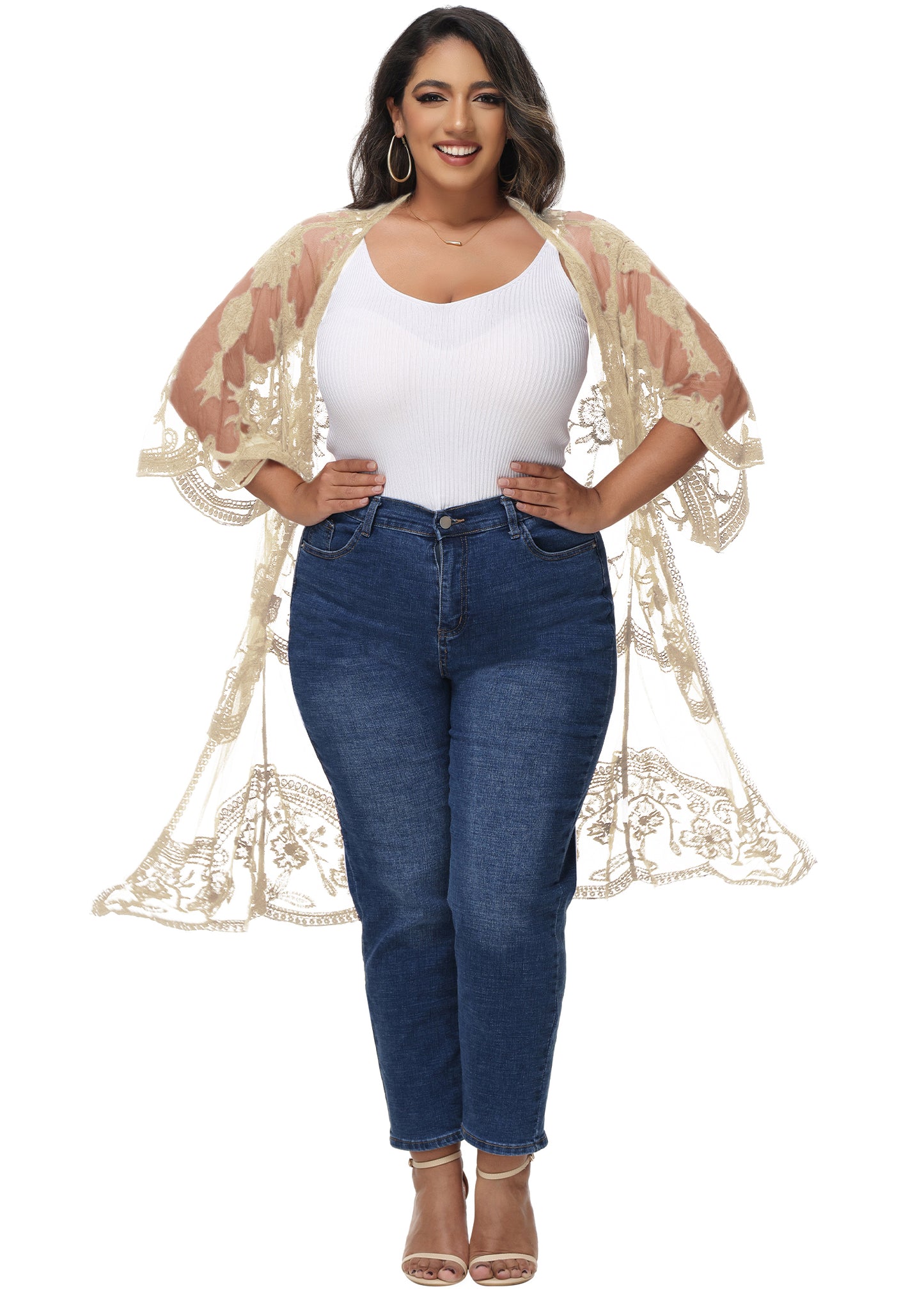 Anna-Kaci Women's Plus Size Lace Cardigan Open Front Floral Crochet Beach Swimsuit Cover Ups Long Kimono