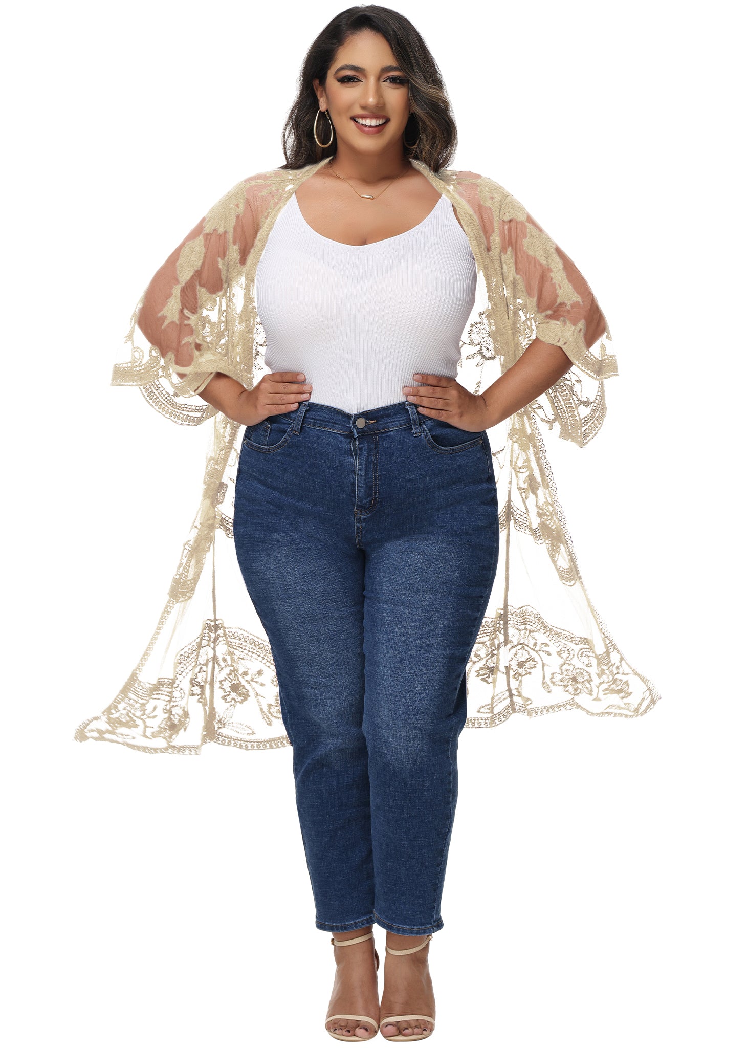 Cárdigan de encaje de talla grande para mujer de Anna-Kaci, traje de baño de playa de crochet floral abierto al frente, kimono largo