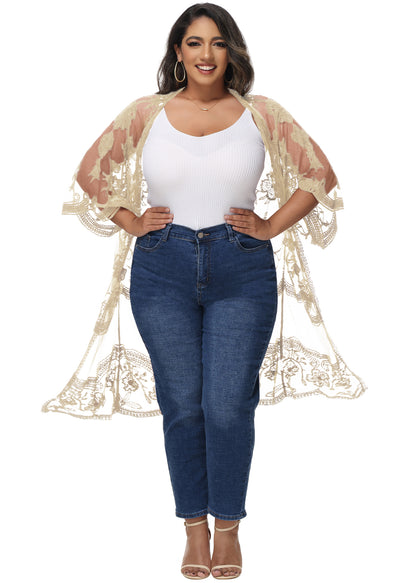Anna-Kaci Women's Plus Size Lace Cardigan Open Front Floral Crochet Beach Swimsuit Cover Ups Long Kimono