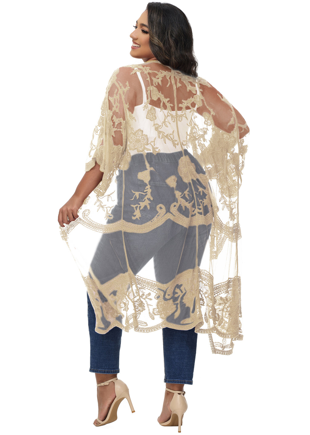 Cárdigan de encaje de talla grande para mujer de Anna-Kaci, traje de baño de playa de crochet floral abierto al frente, kimono largo