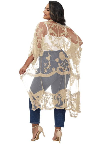 Anna-Kaci Women's Plus Size Lace Cardigan Open Front Floral Crochet Beach Swimsuit Cover Ups Long Kimono