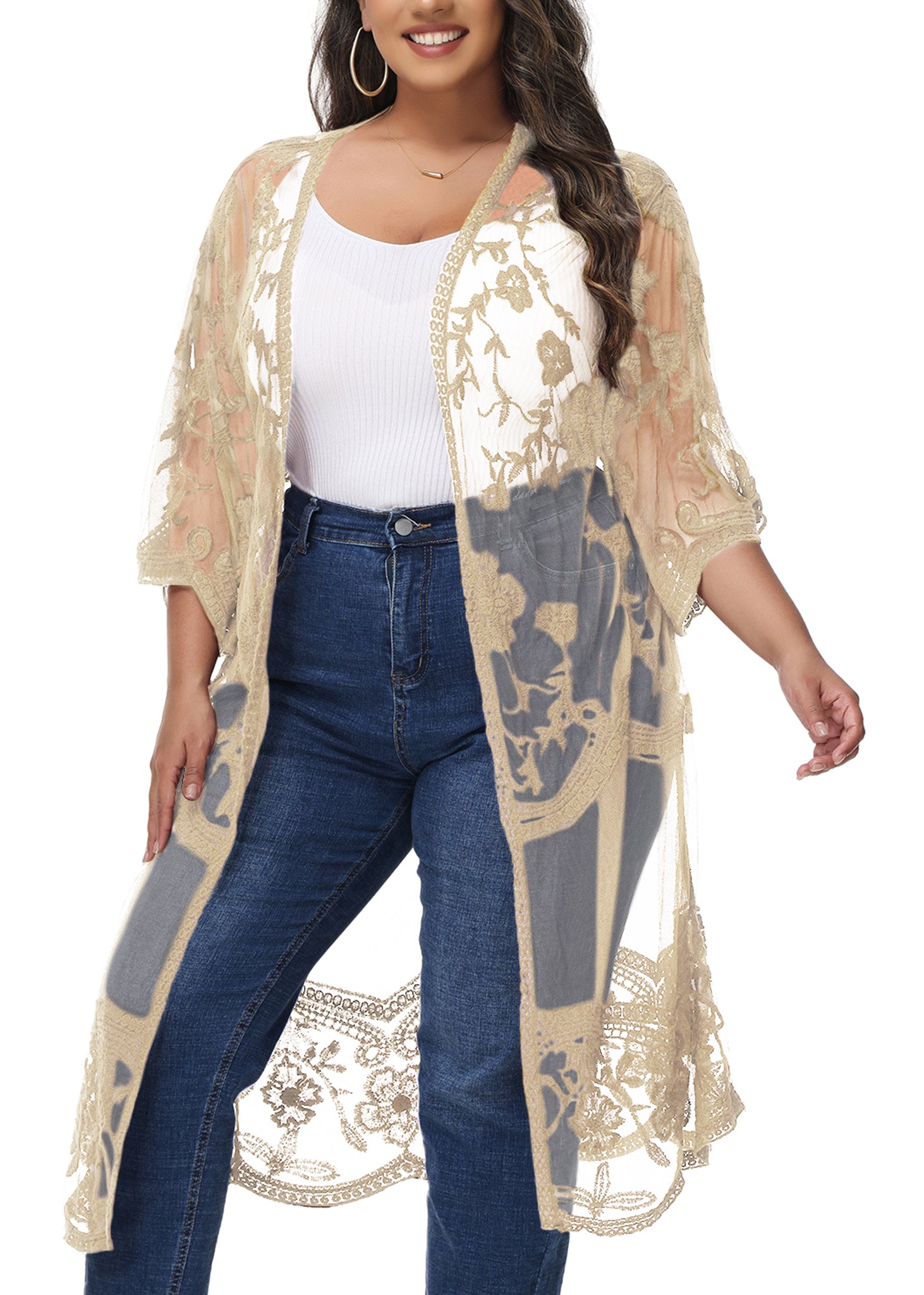 Cárdigan de encaje de talla grande para mujer de Anna-Kaci, traje de baño de playa de crochet floral abierto al frente, kimono largo