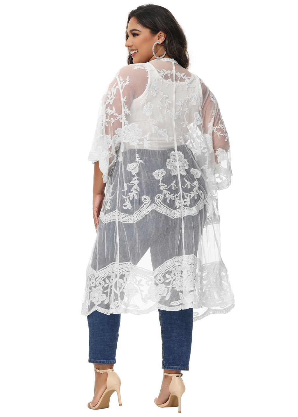 Cárdigan de encaje de talla grande para mujer de Anna-Kaci, traje de baño de playa de crochet floral abierto al frente, kimono largo