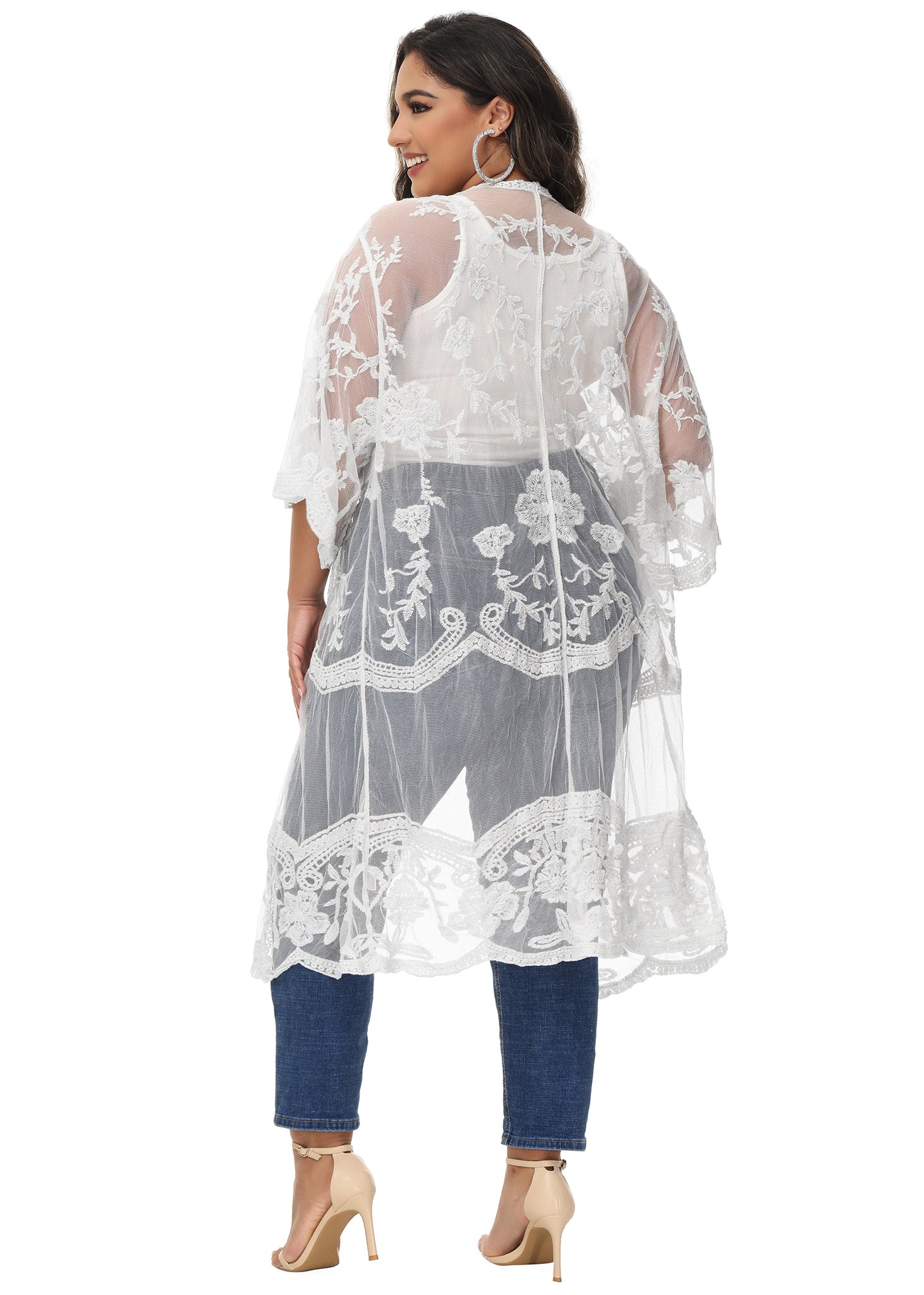 Cárdigan de encaje de talla grande para mujer de Anna-Kaci, traje de baño de playa de crochet floral abierto al frente, kimono largo