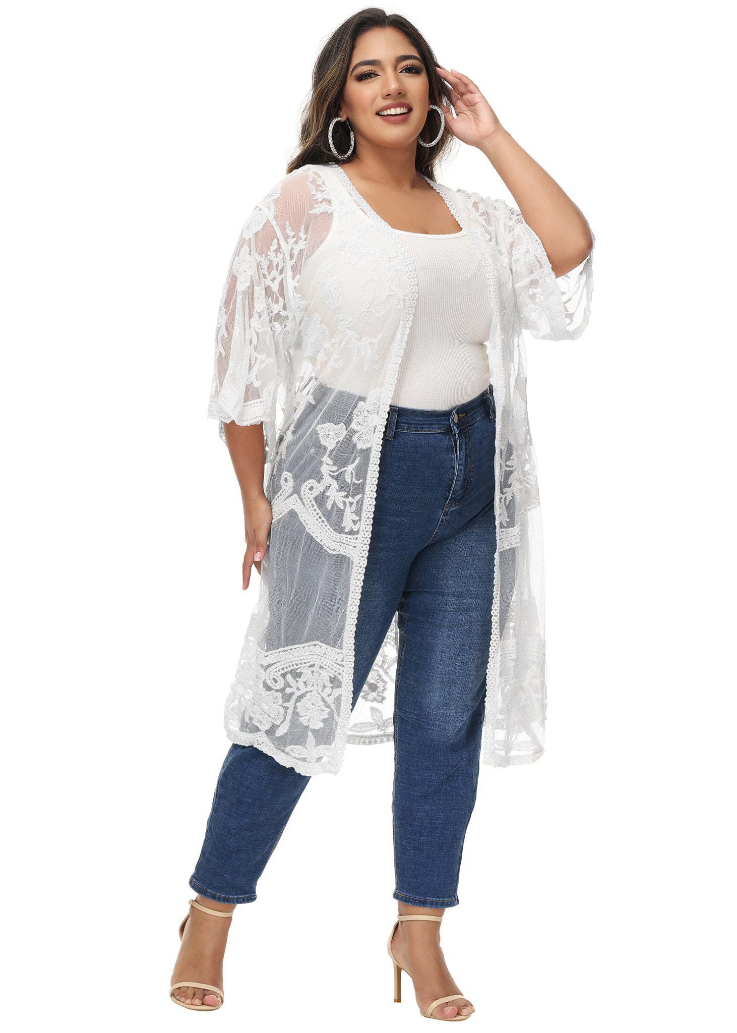 Cárdigan de encaje de talla grande para mujer de Anna-Kaci, traje de baño de playa de crochet floral abierto al frente, kimono largo