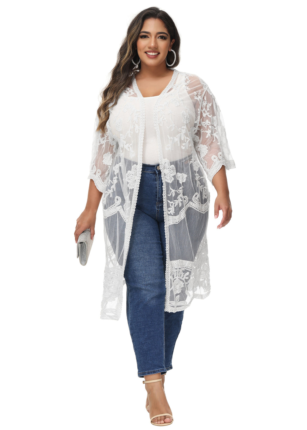 Cárdigan de encaje de talla grande para mujer de Anna-Kaci, traje de baño de playa de crochet floral abierto al frente, kimono largo