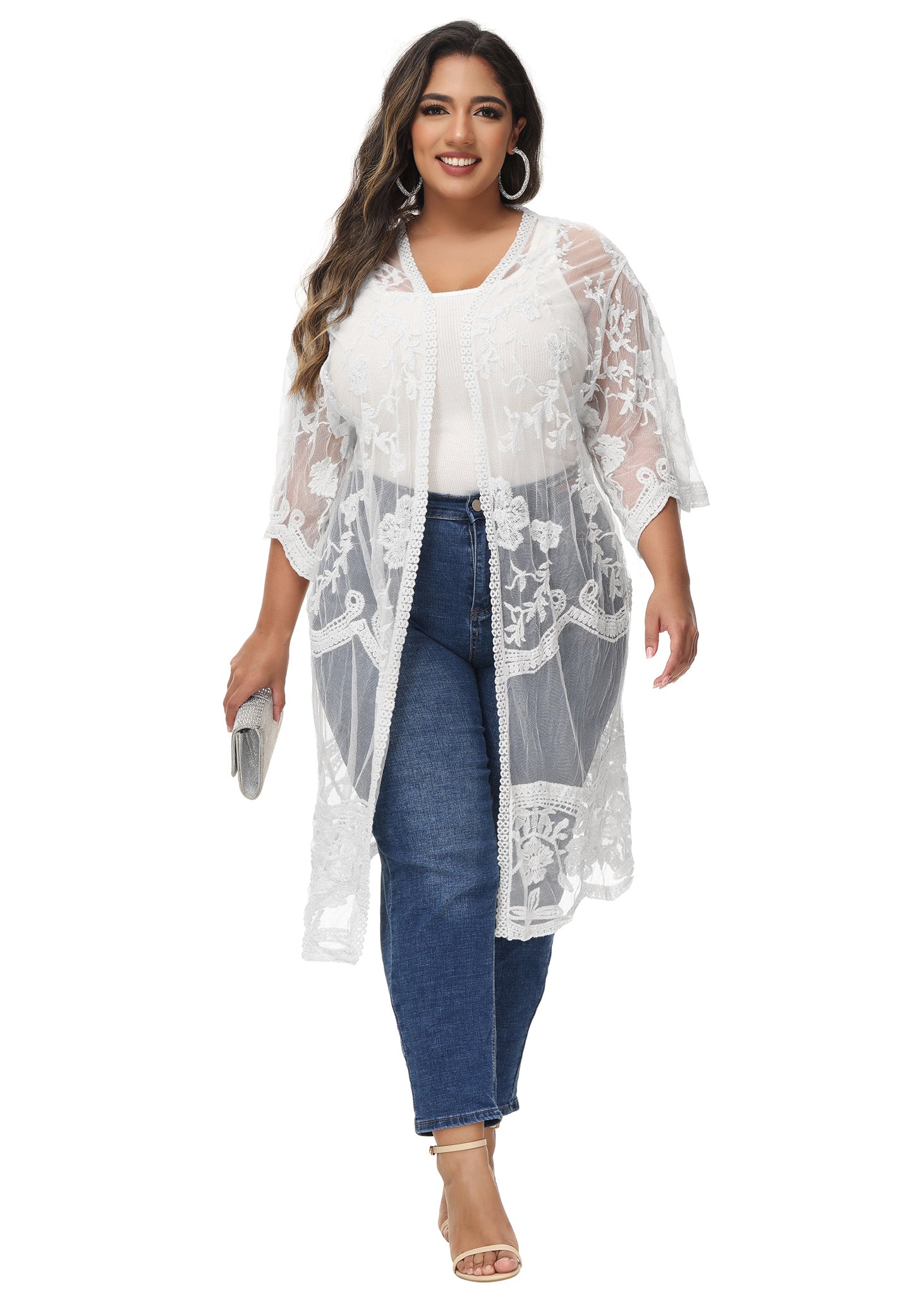 Cárdigan de encaje de talla grande para mujer de Anna-Kaci, traje de baño de playa de crochet floral abierto al frente, kimono largo