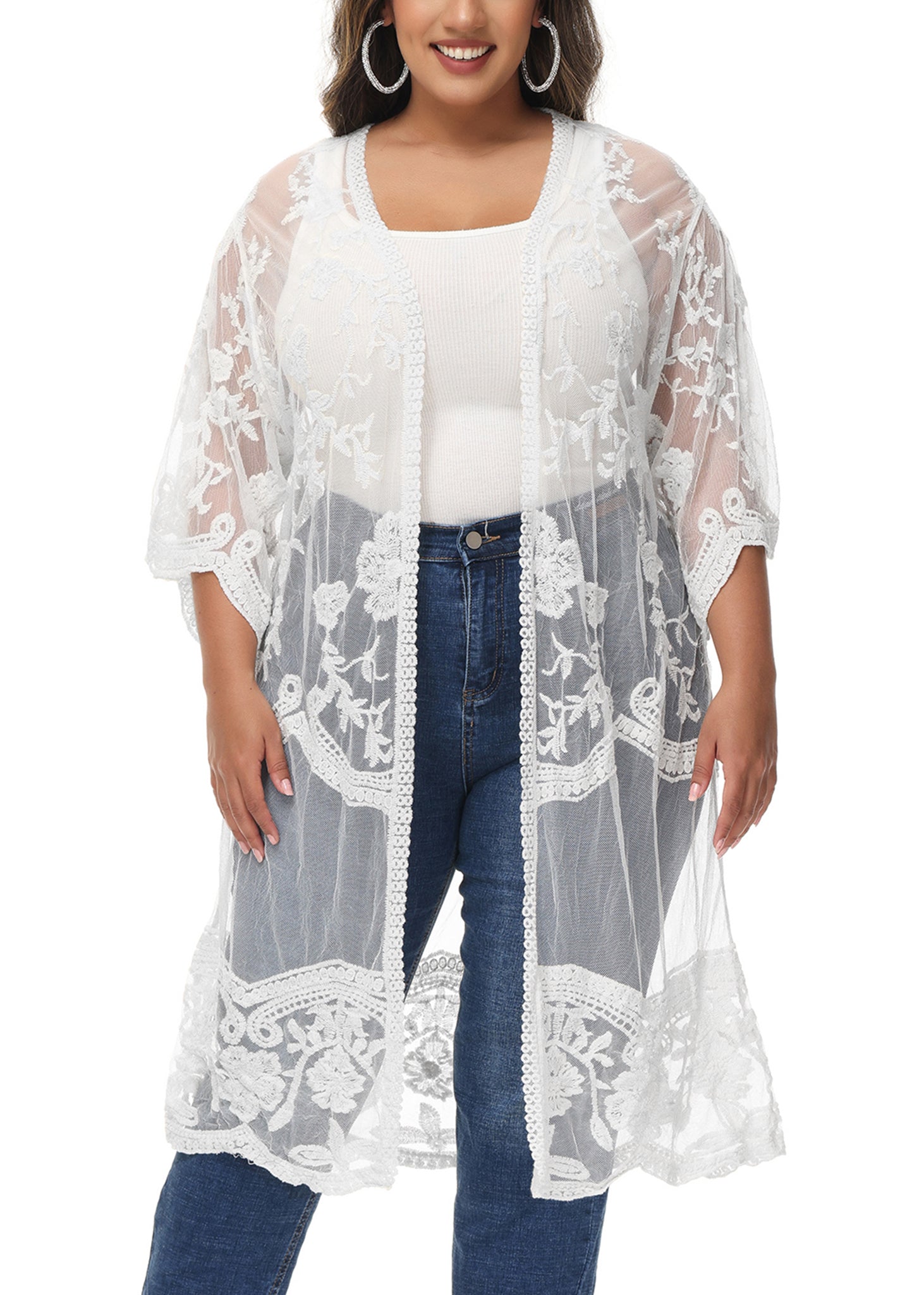 Cárdigan de encaje de talla grande para mujer de Anna-Kaci, traje de baño de playa de crochet floral abierto al frente, kimono largo