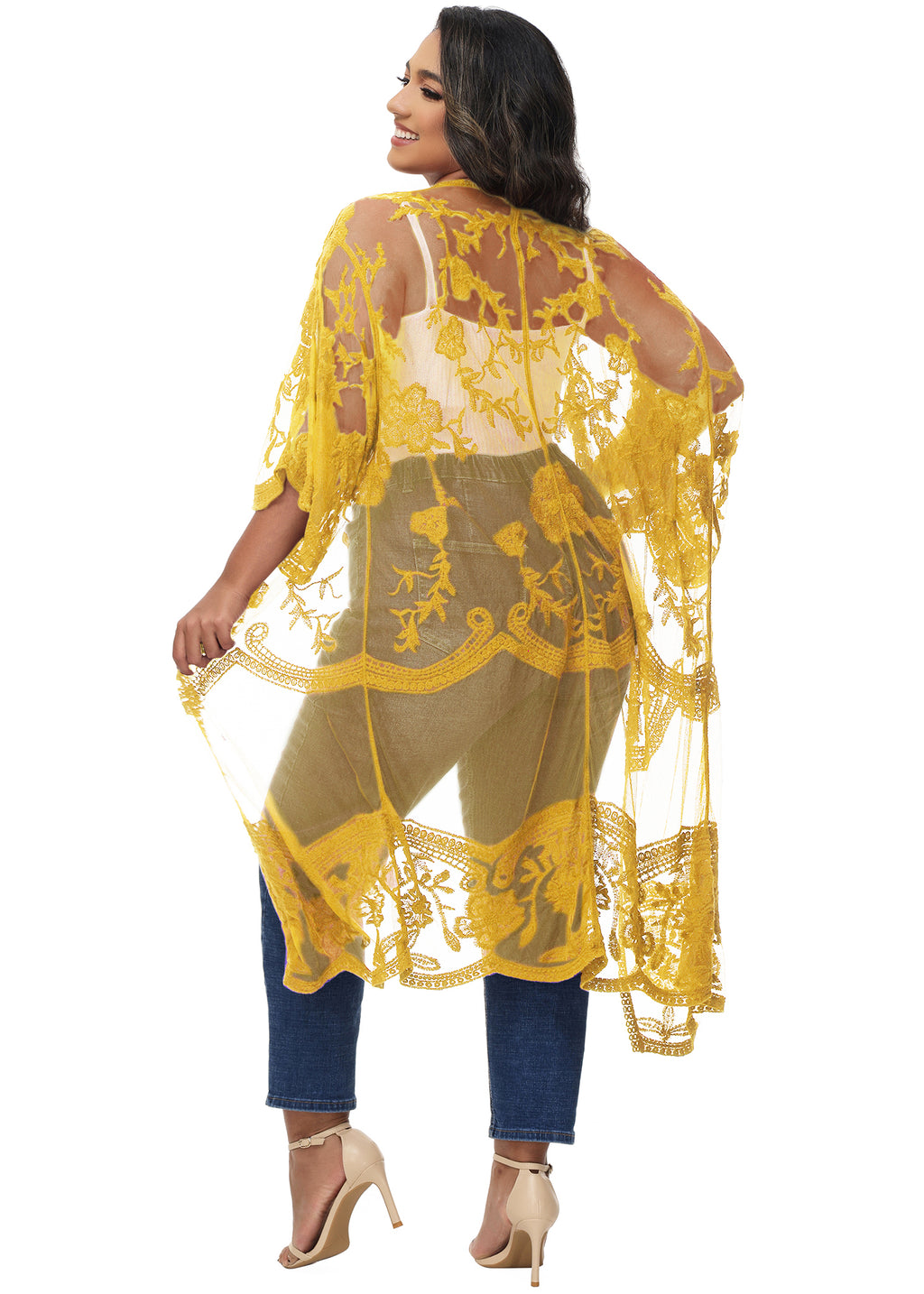 Cárdigan de encaje de talla grande para mujer de Anna-Kaci, traje de baño de playa de crochet floral abierto al frente, kimono largo