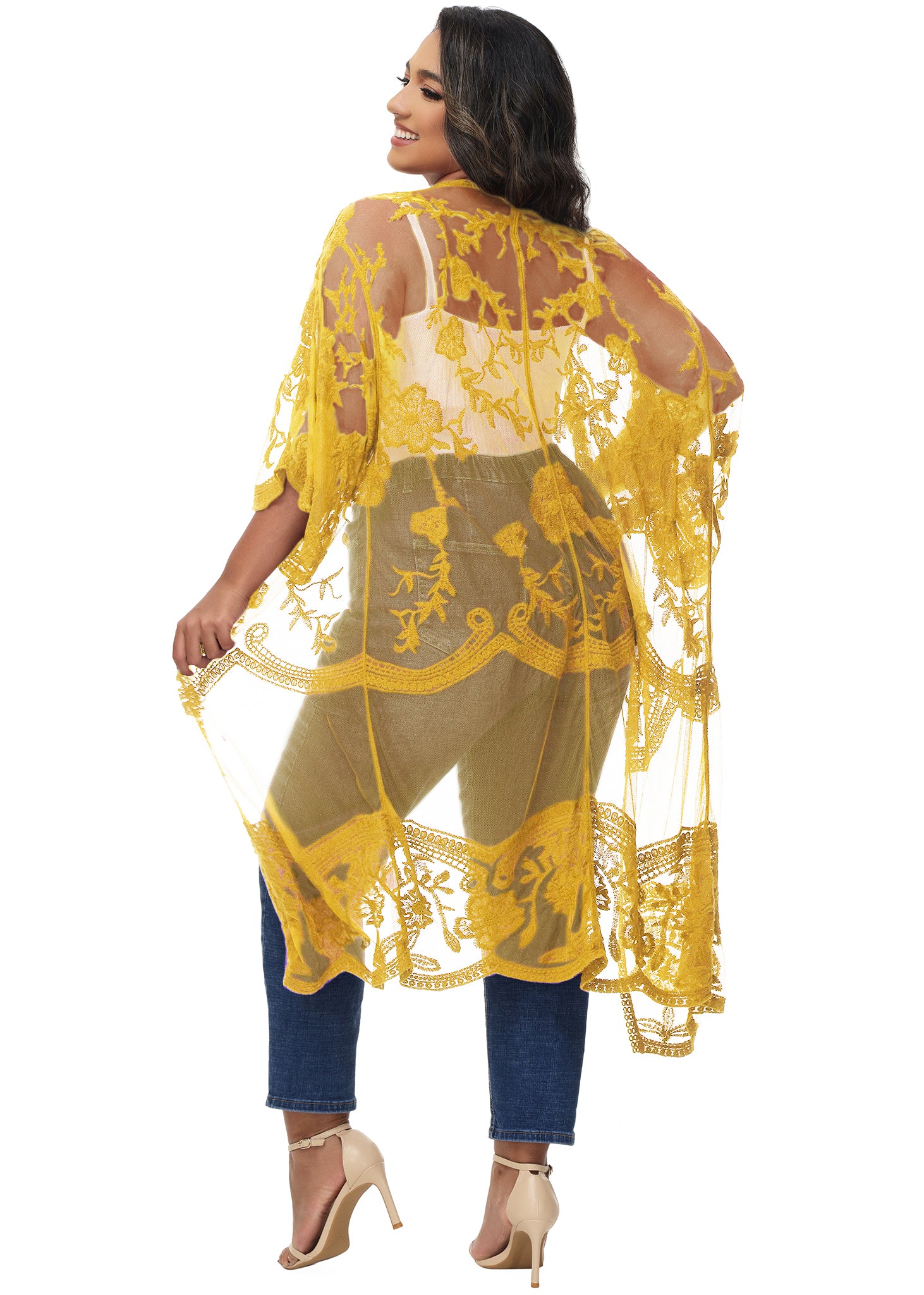 Cárdigan de encaje de talla grande para mujer de Anna-Kaci, traje de baño de playa de crochet floral abierto al frente, kimono largo