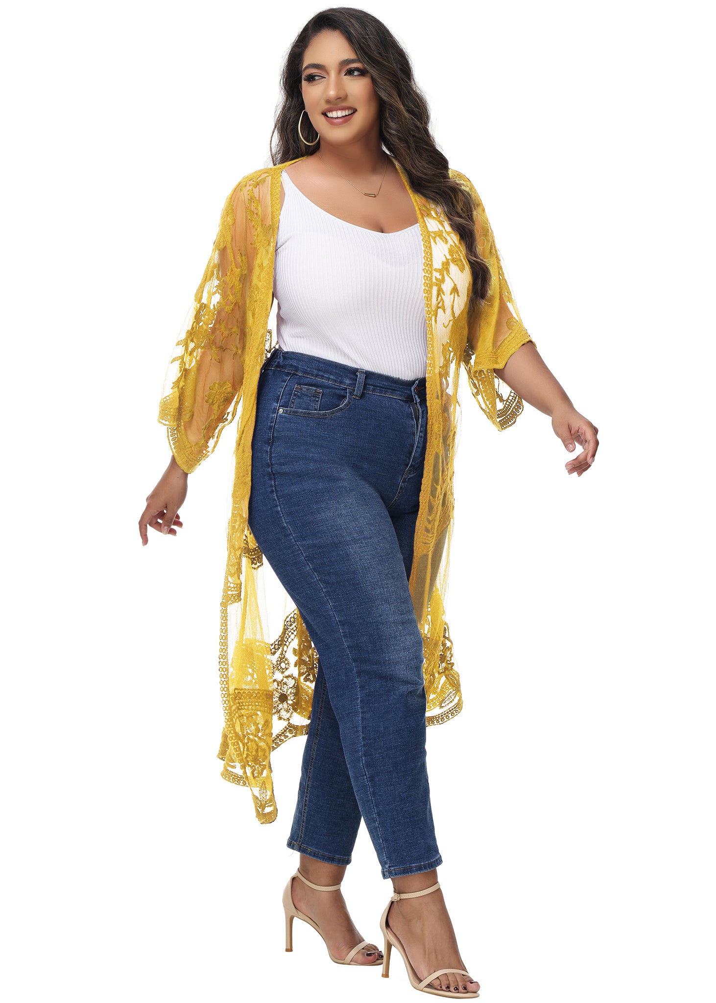 Cárdigan de encaje de talla grande para mujer de Anna-Kaci, traje de baño de playa de crochet floral abierto al frente, kimono largo