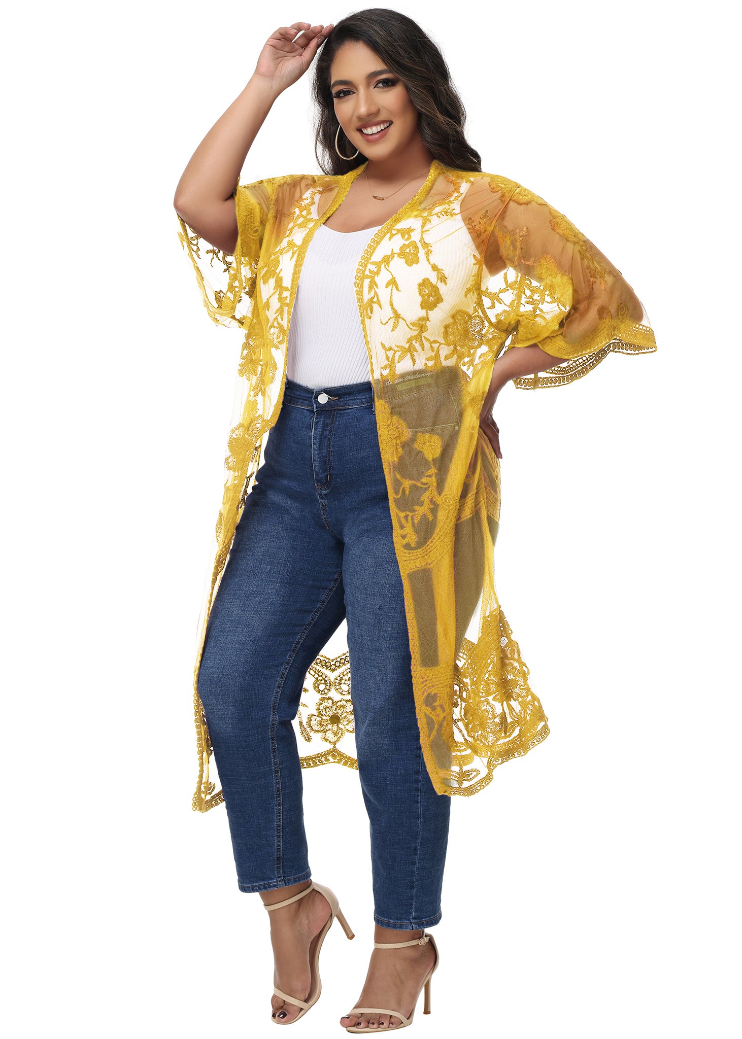 Cárdigan de encaje de talla grande para mujer de Anna-Kaci, traje de baño de playa de crochet floral abierto al frente, kimono largo
