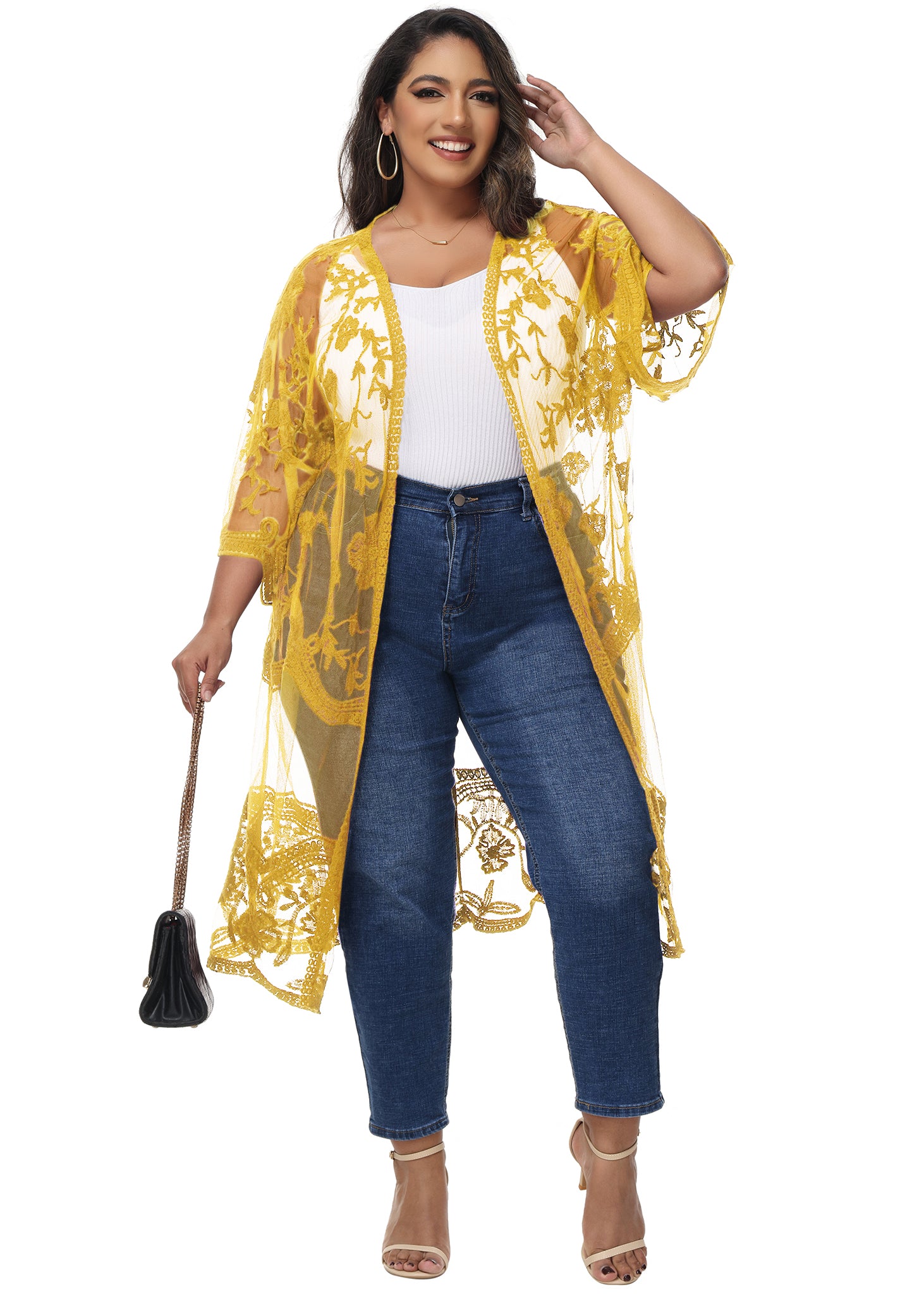 Cárdigan de encaje de talla grande para mujer de Anna-Kaci, traje de baño de playa de crochet floral abierto al frente, kimono largo