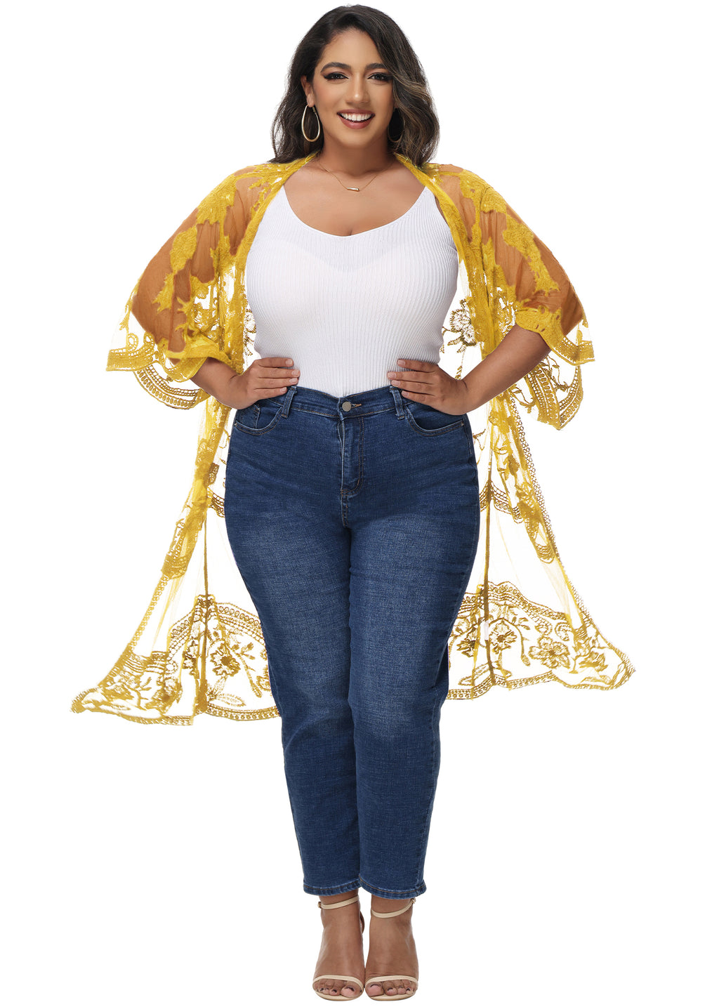 Cárdigan de encaje de talla grande para mujer de Anna-Kaci, traje de baño de playa de crochet floral abierto al frente, kimono largo