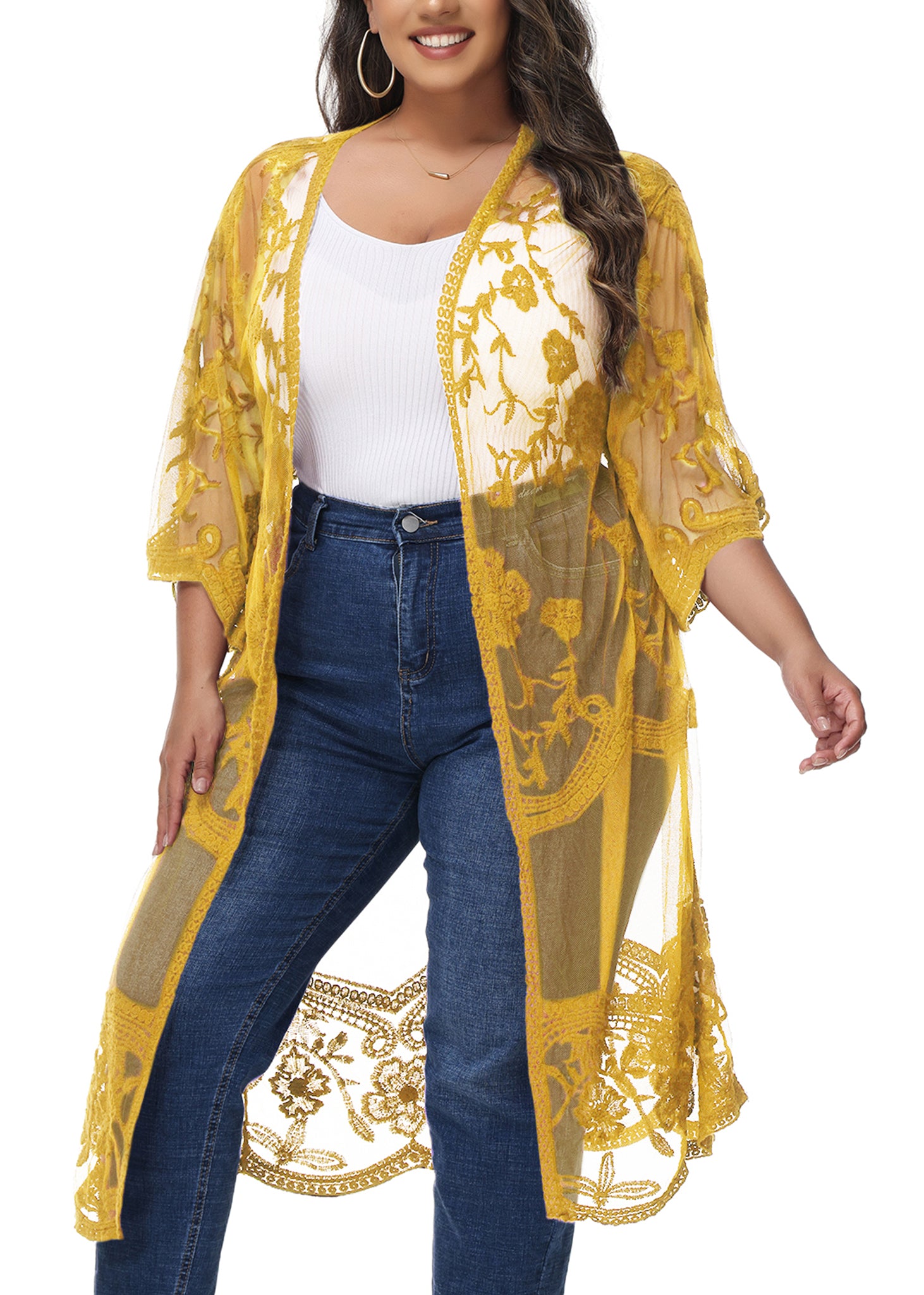 Cárdigan de encaje de talla grande para mujer de Anna-Kaci, traje de baño de playa de crochet floral abierto al frente, kimono largo