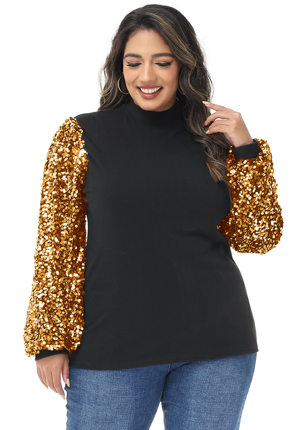 Sudadera con lentejuelas brillantes de talla grande para mujer de Anna-Kaci, jersey de cuello alto, manga larga, blusa de fiesta con purpurina