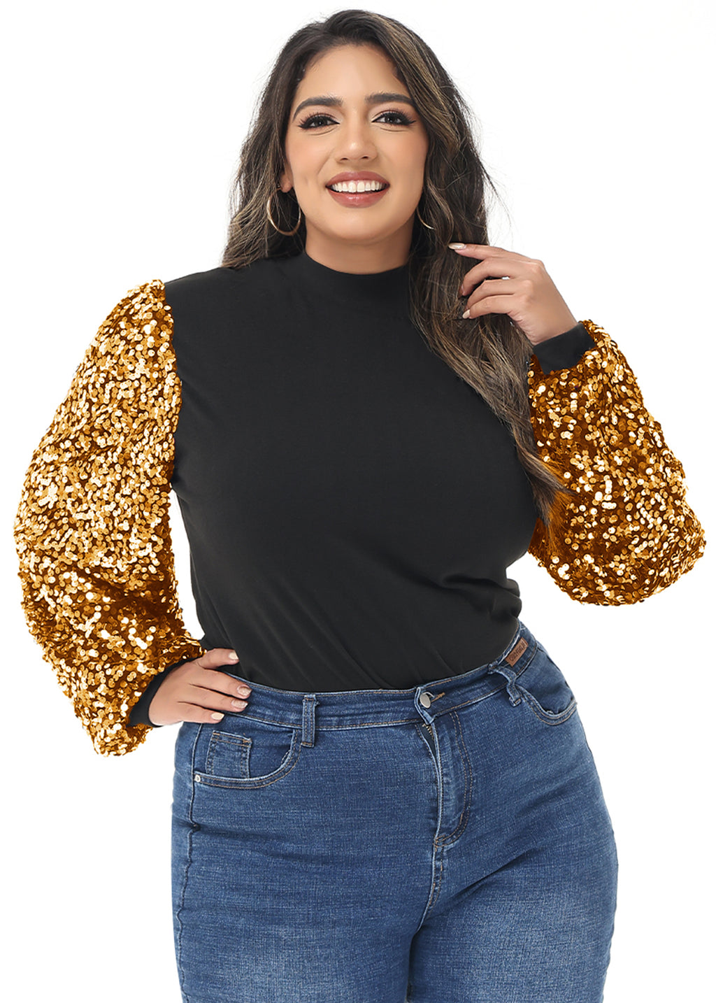 Sudadera con lentejuelas brillantes de talla grande para mujer de Anna-Kaci, jersey de cuello alto, manga larga, blusa de fiesta con purpurina
