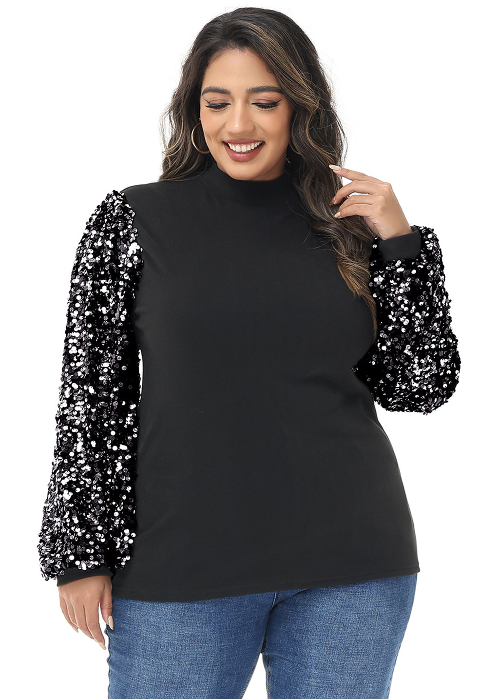 Sudadera con lentejuelas brillantes de talla grande para mujer de Anna-Kaci, jersey de cuello alto, manga larga, blusa de fiesta con purpurina