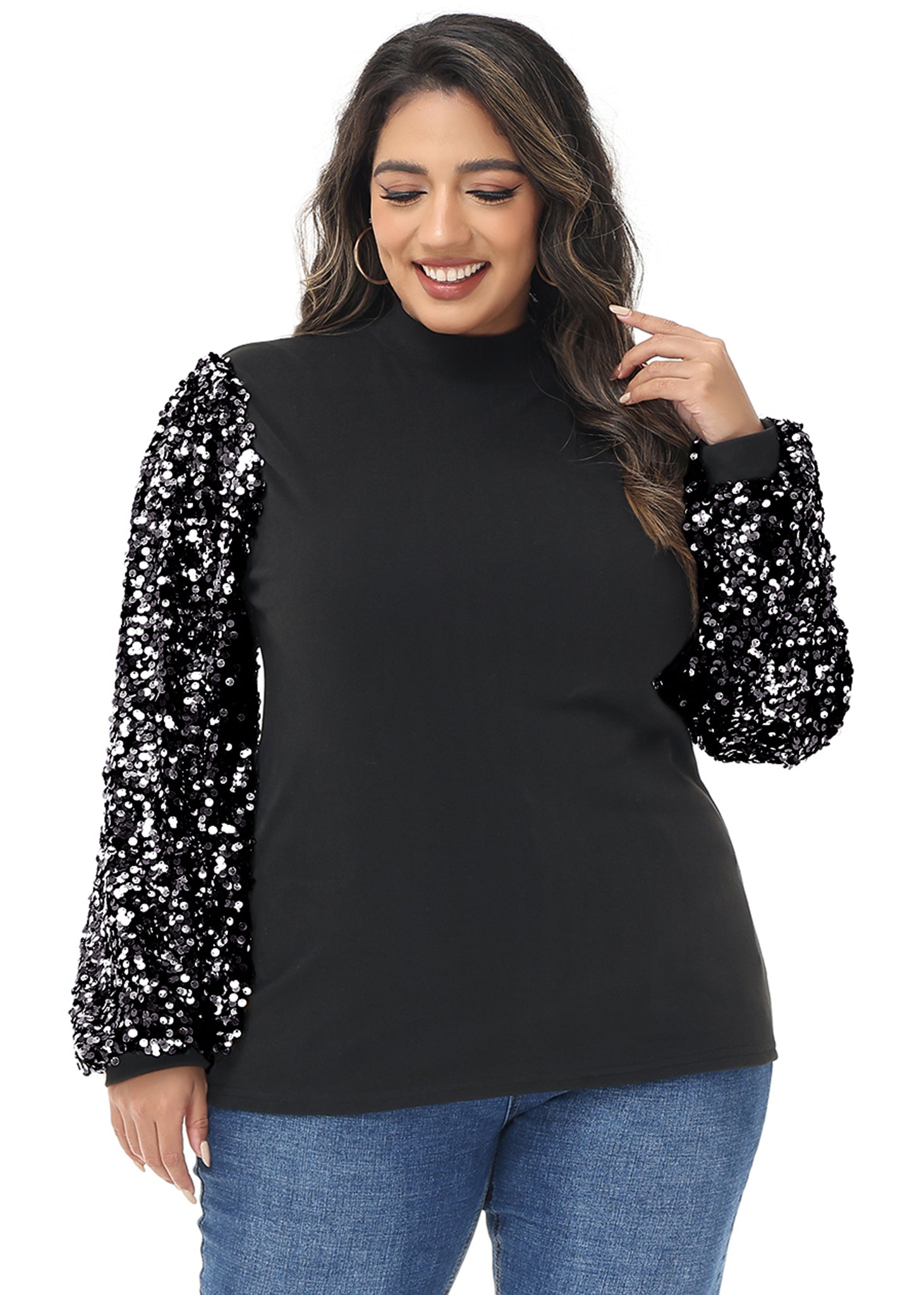Sudadera con lentejuelas brillantes de talla grande para mujer de Anna-Kaci, jersey de cuello alto, manga larga, blusa de fiesta con purpurina