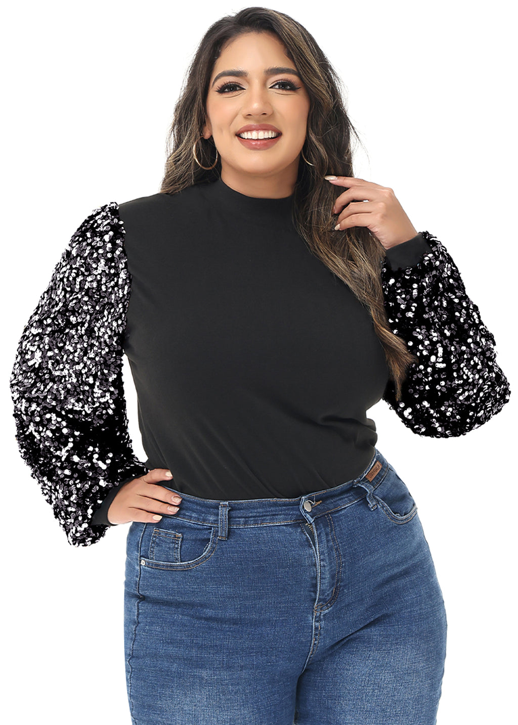 Sudadera con lentejuelas brillantes de talla grande para mujer de Anna-Kaci, jersey de cuello alto, manga larga, blusa de fiesta con purpurina
