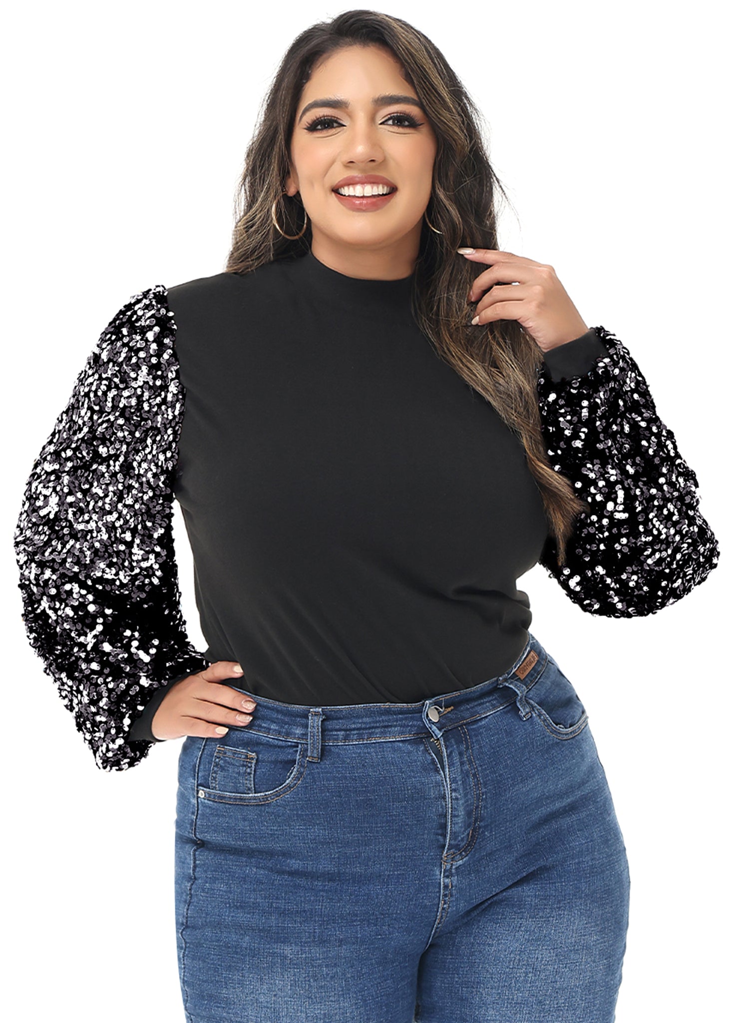 Sudadera con lentejuelas brillantes de talla grande para mujer de Anna-Kaci, jersey de cuello alto, manga larga, blusa de fiesta con purpurina