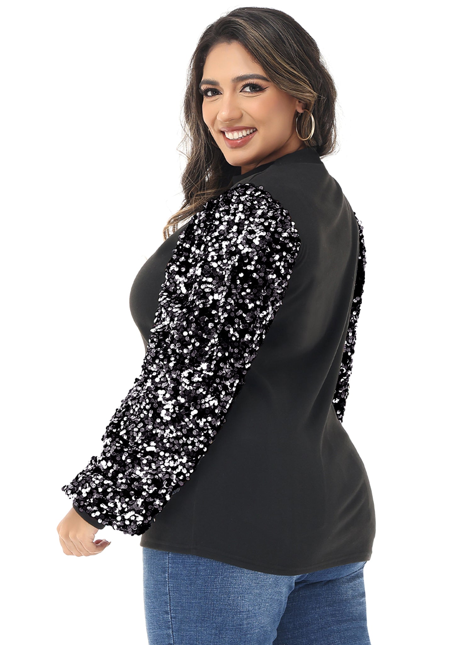 Sudadera con lentejuelas brillantes de talla grande para mujer de Anna-Kaci, jersey de cuello alto, manga larga, blusa de fiesta con purpurina