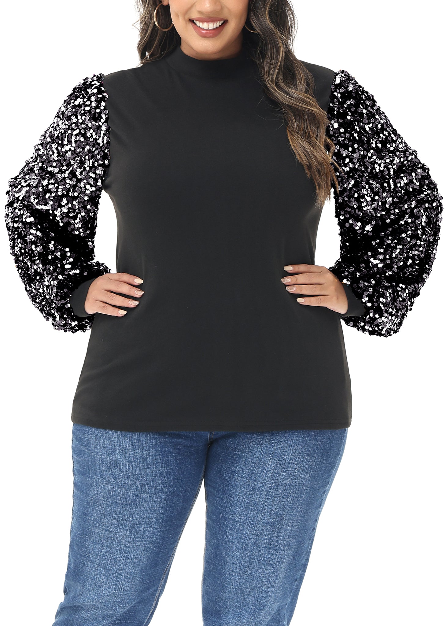 Sudadera con lentejuelas brillantes de talla grande para mujer de Anna-Kaci, jersey de cuello alto, manga larga, blusa de fiesta con purpurina