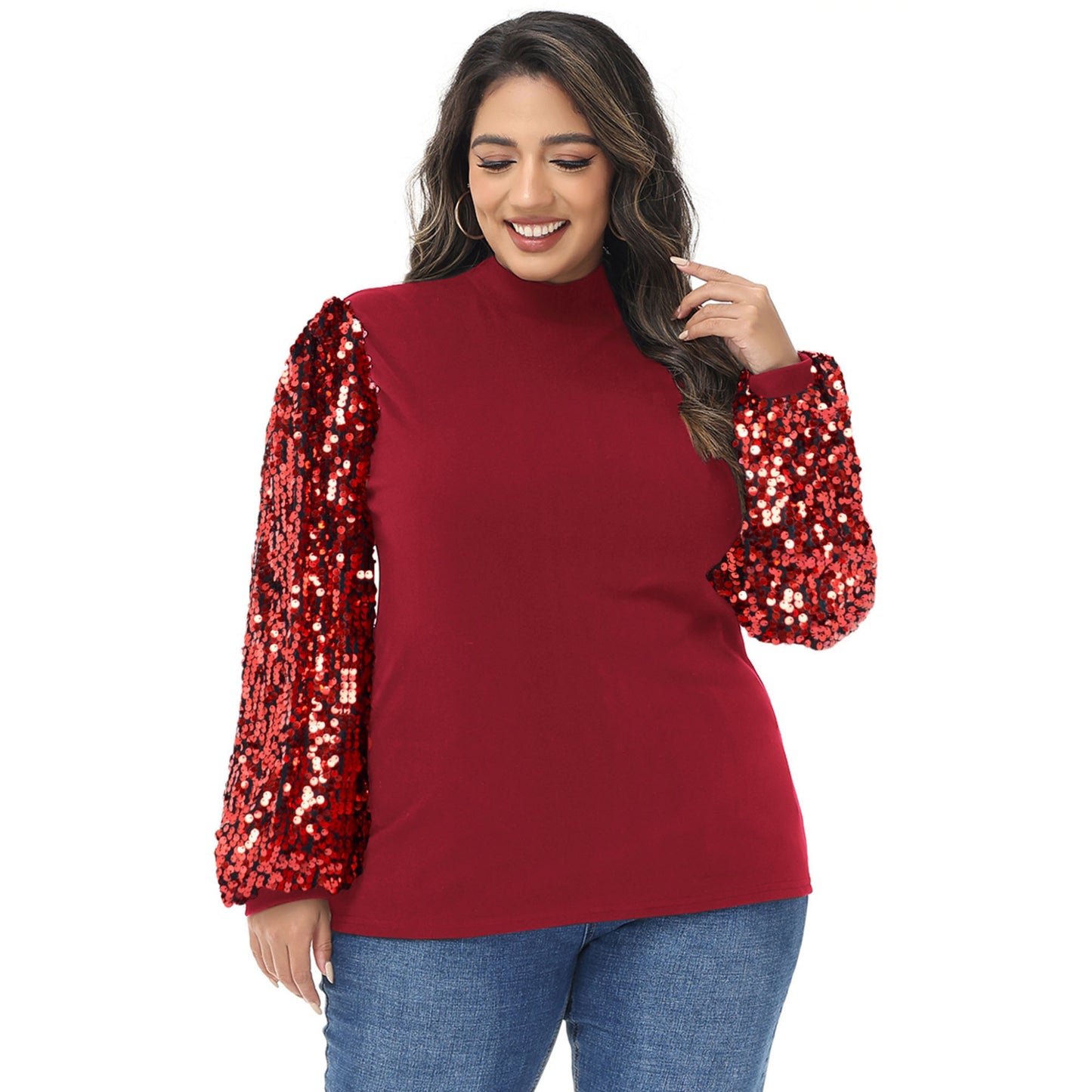 Anna-Kaci Women's Plus Size Sparkle Sequin Sweatshirt Mock Neck Pullover Long Sleeve Glitter Party Tops
