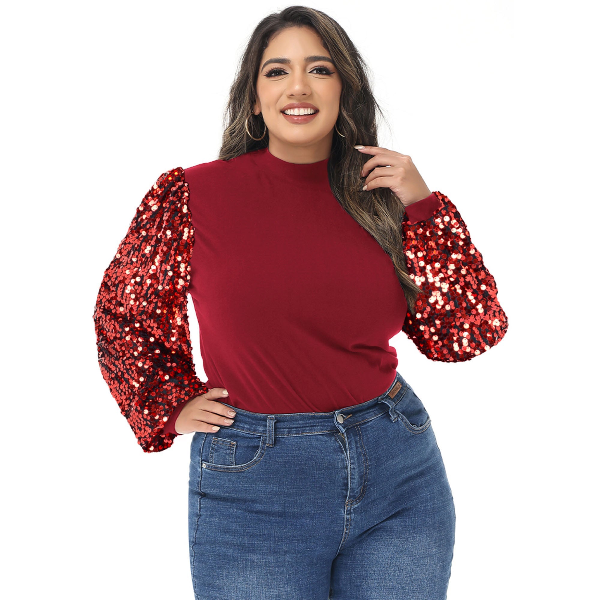 Sudadera con lentejuelas brillantes de talla grande para mujer de Anna-Kaci, jersey de cuello alto, manga larga, blusa de fiesta con purpurina