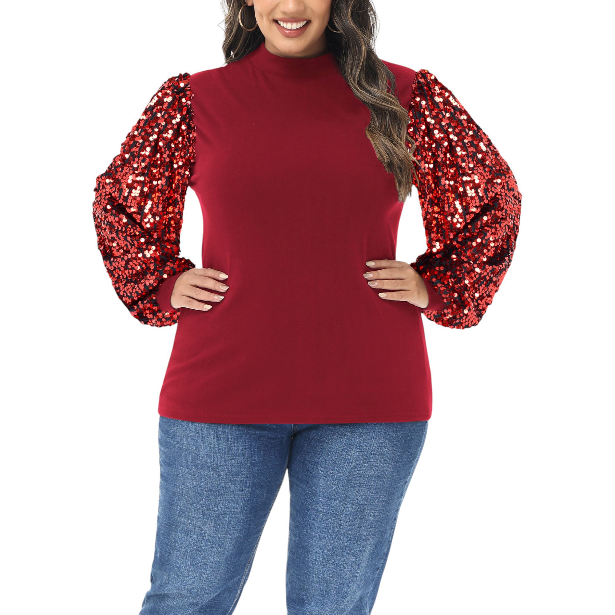 Sudadera con lentejuelas brillantes de talla grande para mujer de Anna-Kaci, jersey de cuello alto, manga larga, blusa de fiesta con purpurina