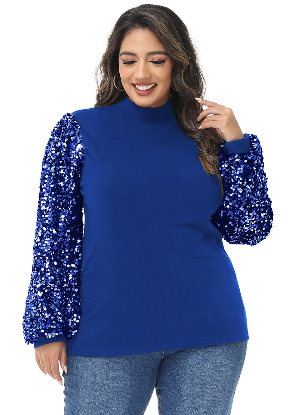 Sudadera con lentejuelas brillantes de talla grande para mujer de Anna-Kaci, jersey de cuello alto, manga larga, blusa de fiesta con purpurina