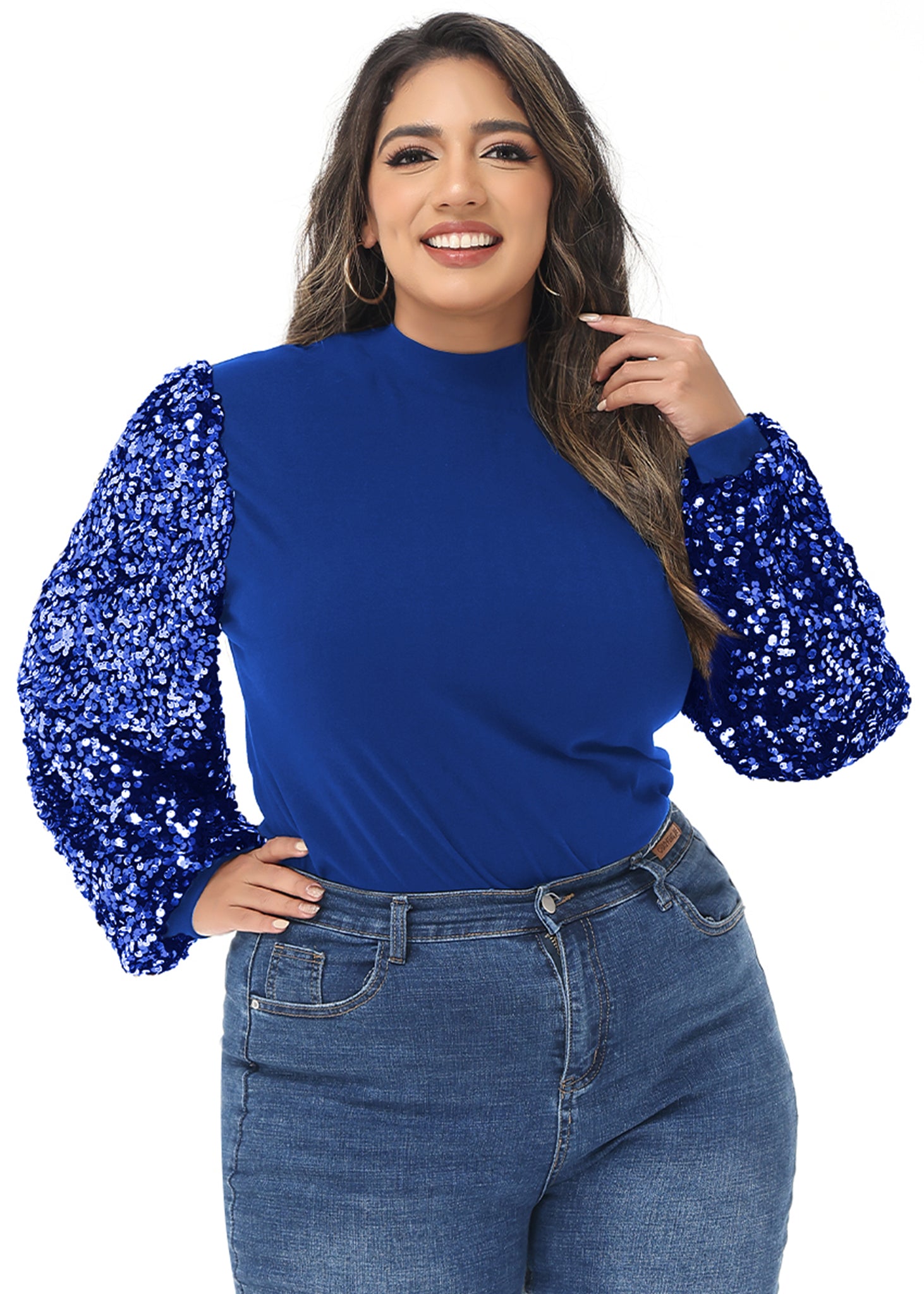 Sudadera con lentejuelas brillantes de talla grande para mujer de Anna-Kaci, jersey de cuello alto, manga larga, blusa de fiesta con purpurina
