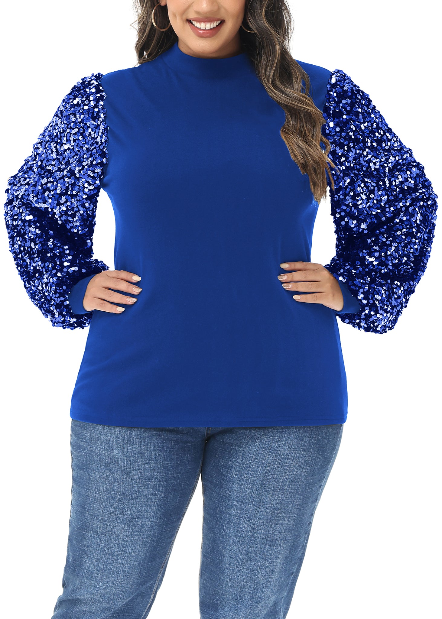Sudadera con lentejuelas brillantes de talla grande para mujer de Anna-Kaci, jersey de cuello alto, manga larga, blusa de fiesta con purpurina