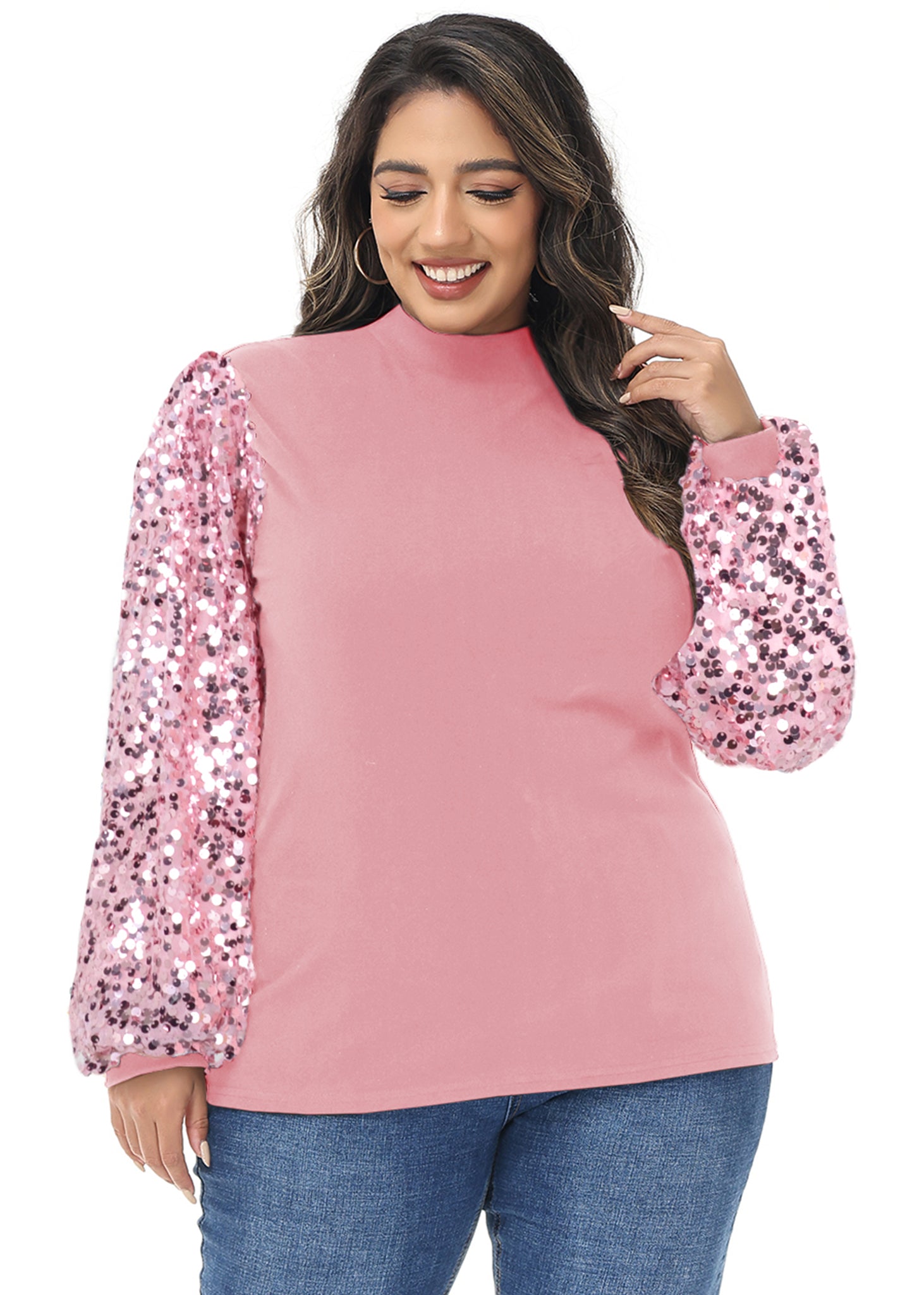 Sudadera con lentejuelas brillantes de talla grande para mujer de Anna-Kaci, jersey de cuello alto, manga larga, blusa de fiesta con purpurina