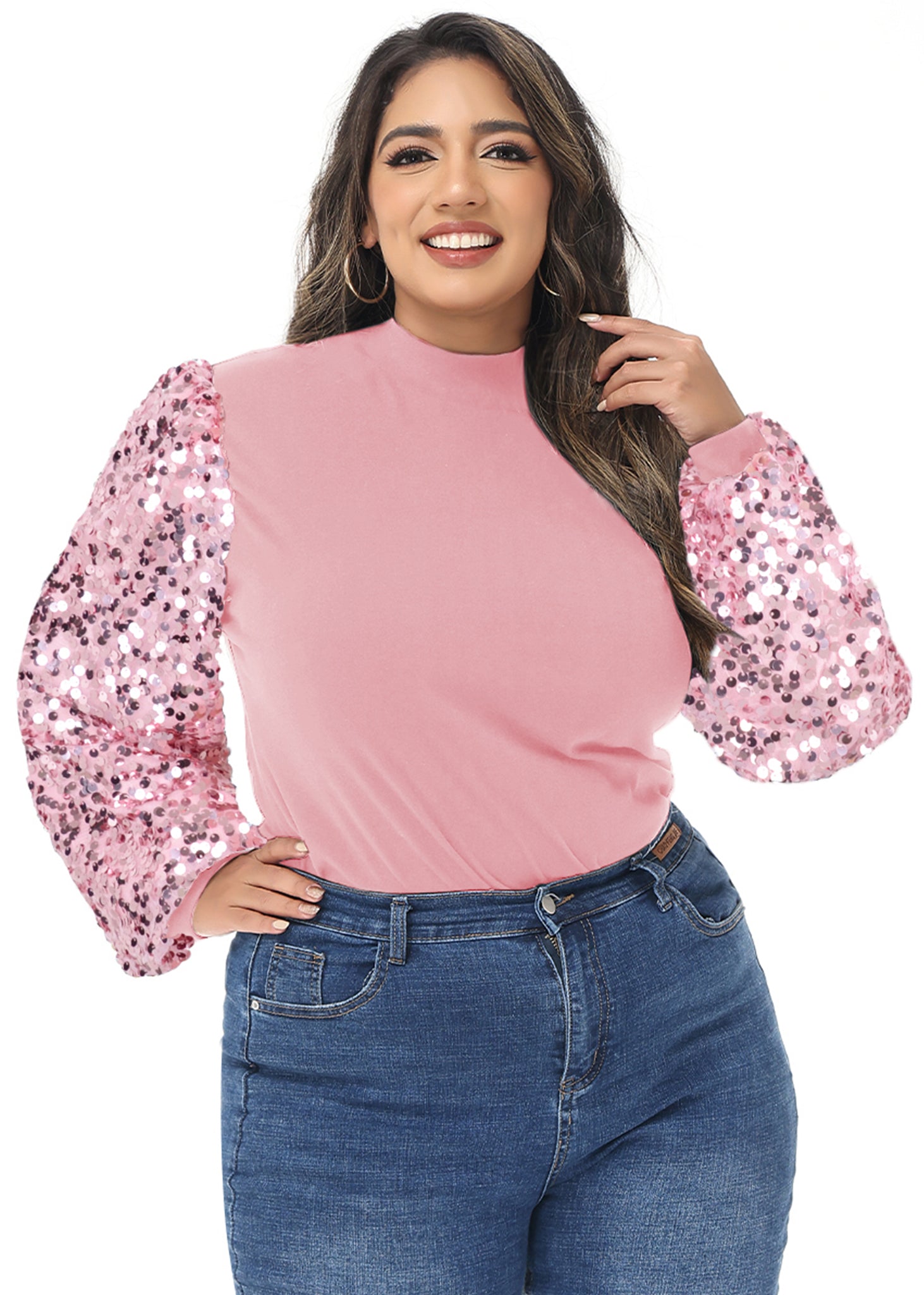 Sudadera con lentejuelas brillantes de talla grande para mujer de Anna-Kaci, jersey de cuello alto, manga larga, blusa de fiesta con purpurina