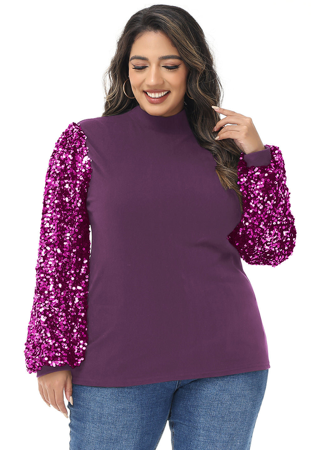Sudadera con lentejuelas brillantes de talla grande para mujer de Anna-Kaci, jersey de cuello alto, manga larga, blusa de fiesta con purpurina