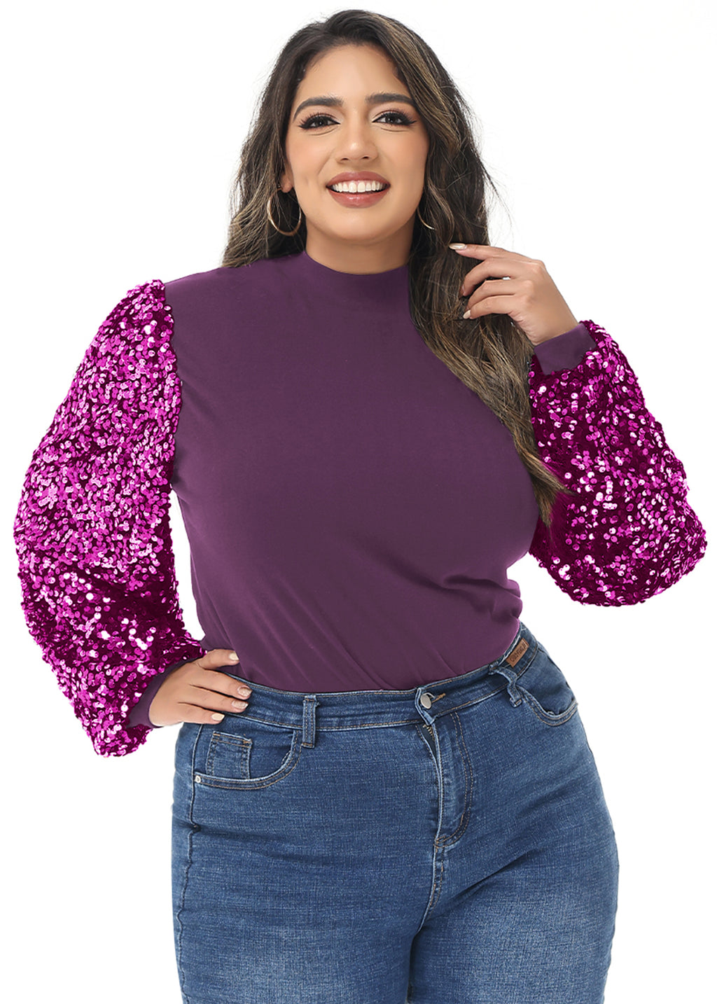 Sudadera con lentejuelas brillantes de talla grande para mujer de Anna-Kaci, jersey de cuello alto, manga larga, blusa de fiesta con purpurina