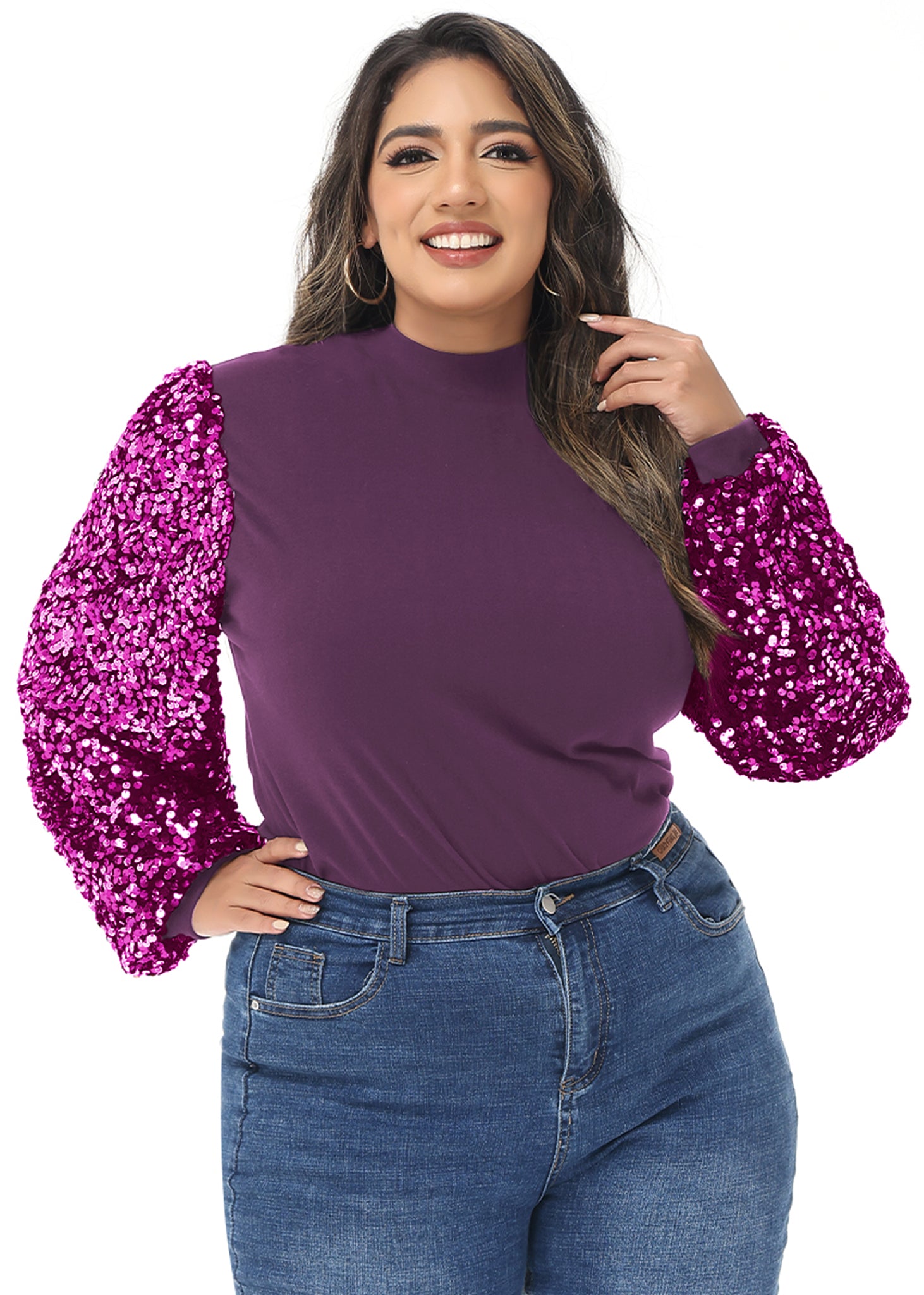 Sudadera con lentejuelas brillantes de talla grande para mujer de Anna-Kaci, jersey de cuello alto, manga larga, blusa de fiesta con purpurina