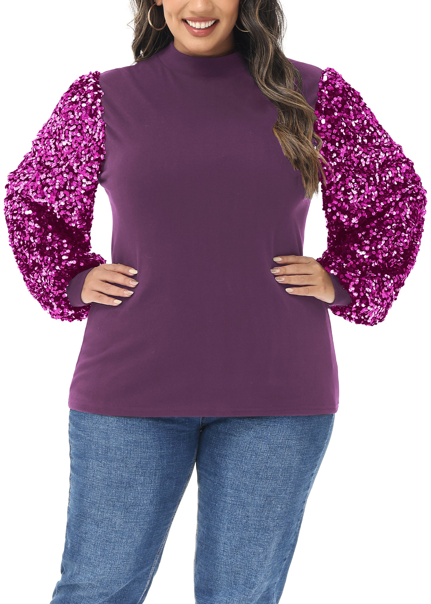 Sudadera con lentejuelas brillantes de talla grande para mujer de Anna-Kaci, jersey de cuello alto, manga larga, blusa de fiesta con purpurina
