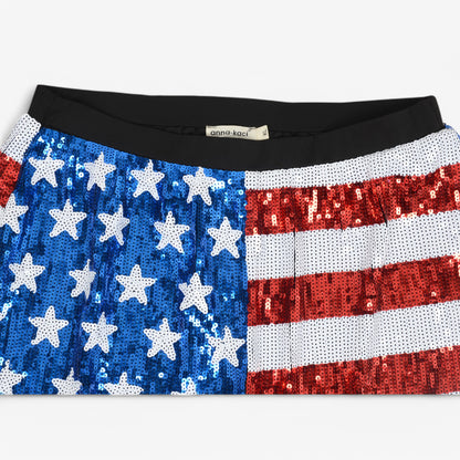 Anna-Kaci Women's Sequin High-Waisted Shorts with Star and Stripe Pattern