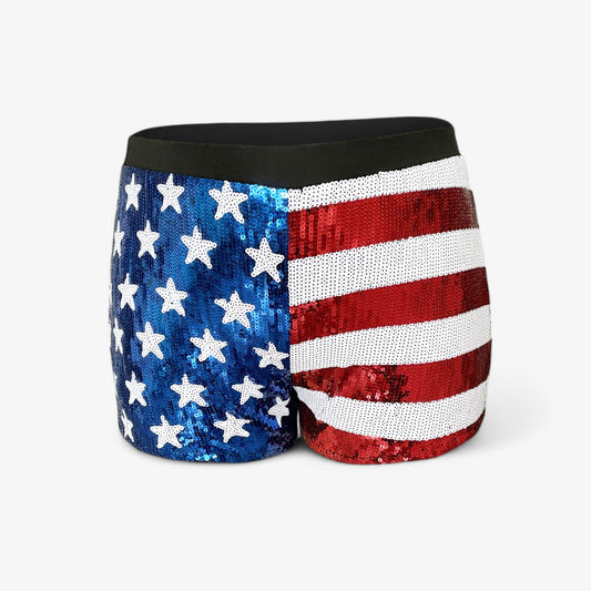 Anna-Kaci Women's Sequin High-Waisted Shorts with Star and Stripe Pattern