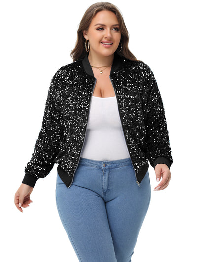 Anna-Kaci Women's Sequin Jacket Plus Size Sparkly Zip Bomber Coat With Pockets For Concert Party