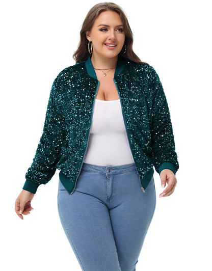 Anna-Kaci Women's Sequin Jacket Plus Size Sparkly Zip Bomber Coat With Pockets For Concert Party