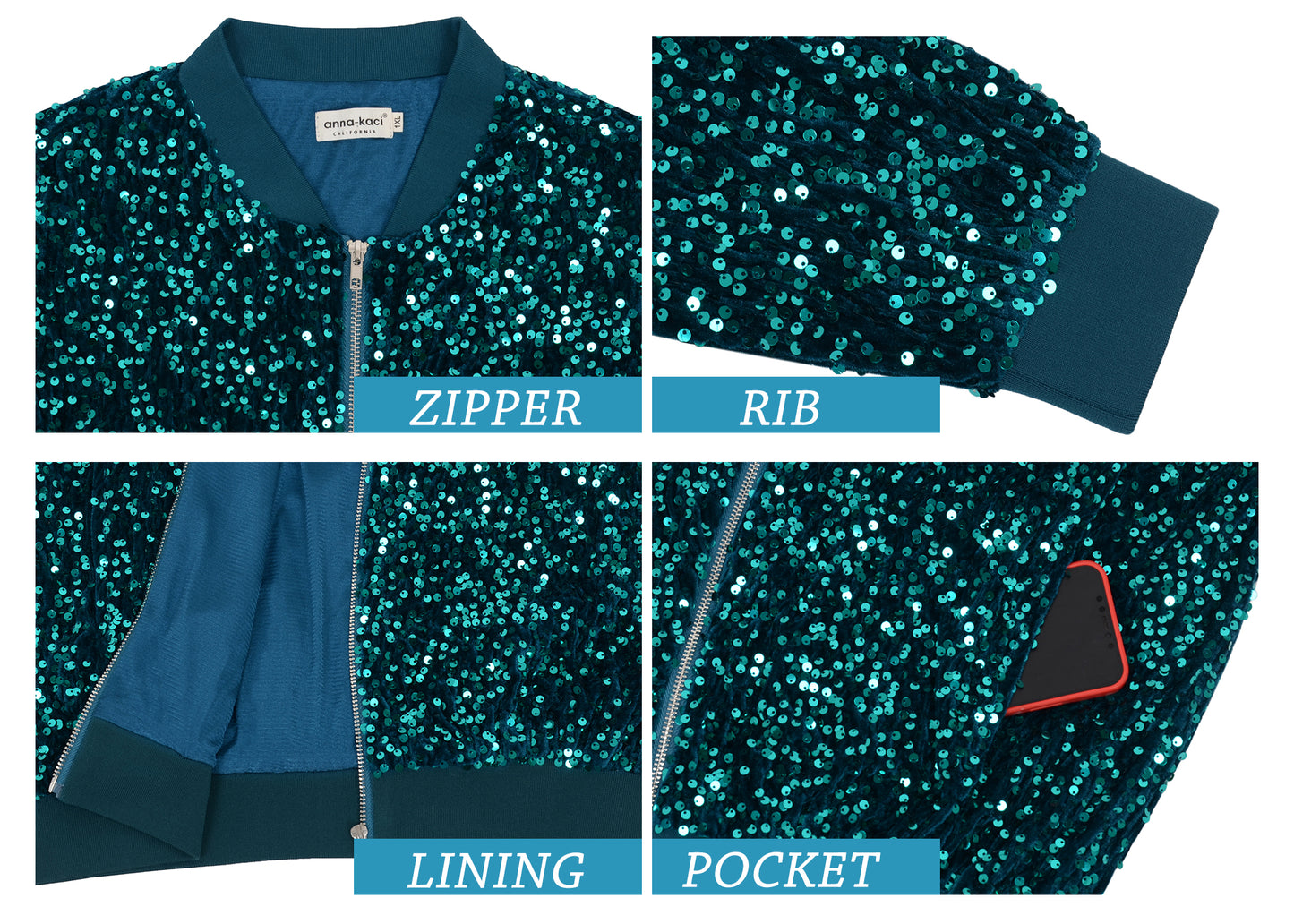 Anna-Kaci Women's Sequin Jacket Plus Size Sparkly Zip Bomber Coat With Pockets For Concert Party