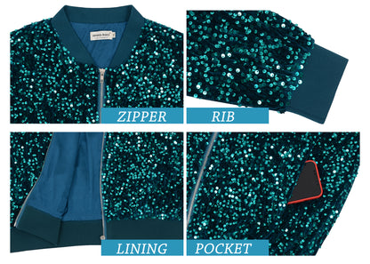 Anna-Kaci Women's Sequin Jacket Plus Size Sparkly Zip Bomber Coat With Pockets For Concert Party