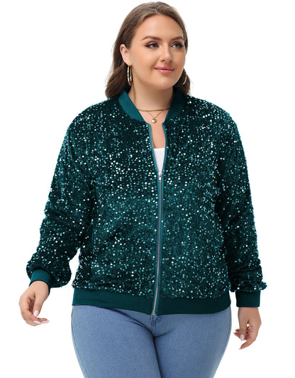 Anna-Kaci Women's Sequin Jacket Plus Size Sparkly Zip Bomber Coat With Pockets For Concert Party