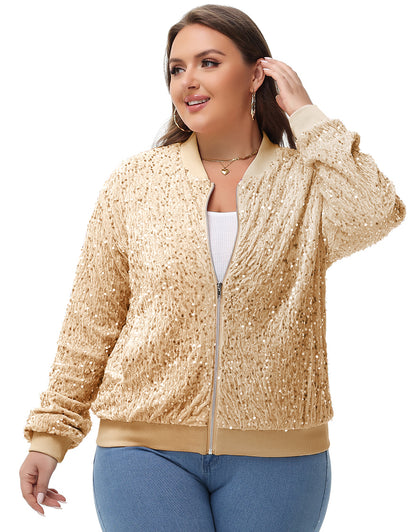 Anna-Kaci Women's Sequin Jacket Plus Size Sparkly Zip Bomber Coat With Pockets For Concert Party