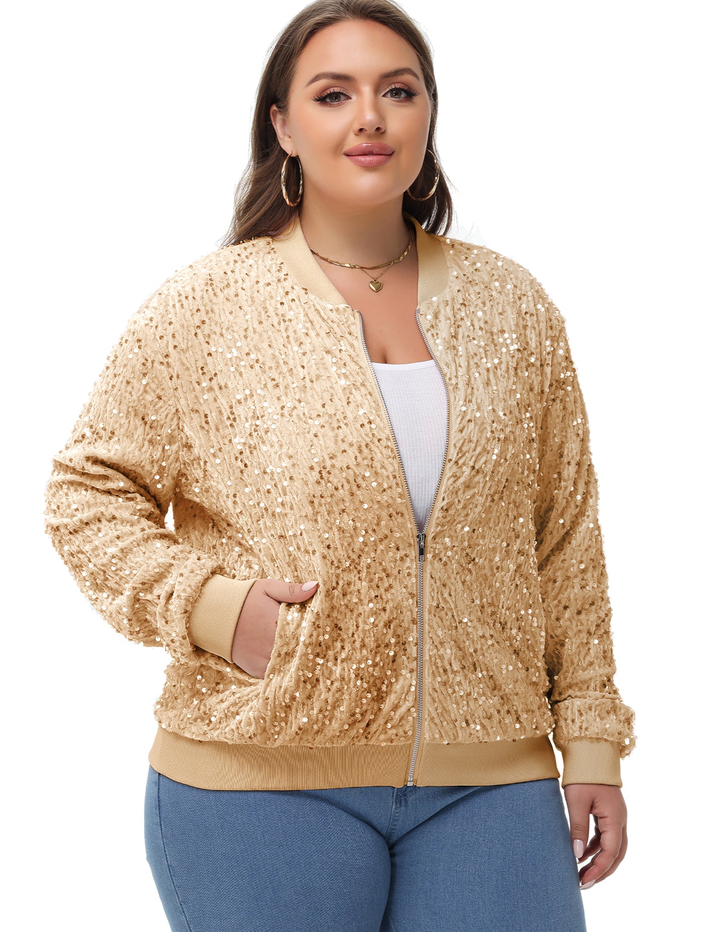 Anna-Kaci Women's Sequin Jacket Plus Size Sparkly Zip Bomber Coat With Pockets For Concert Party