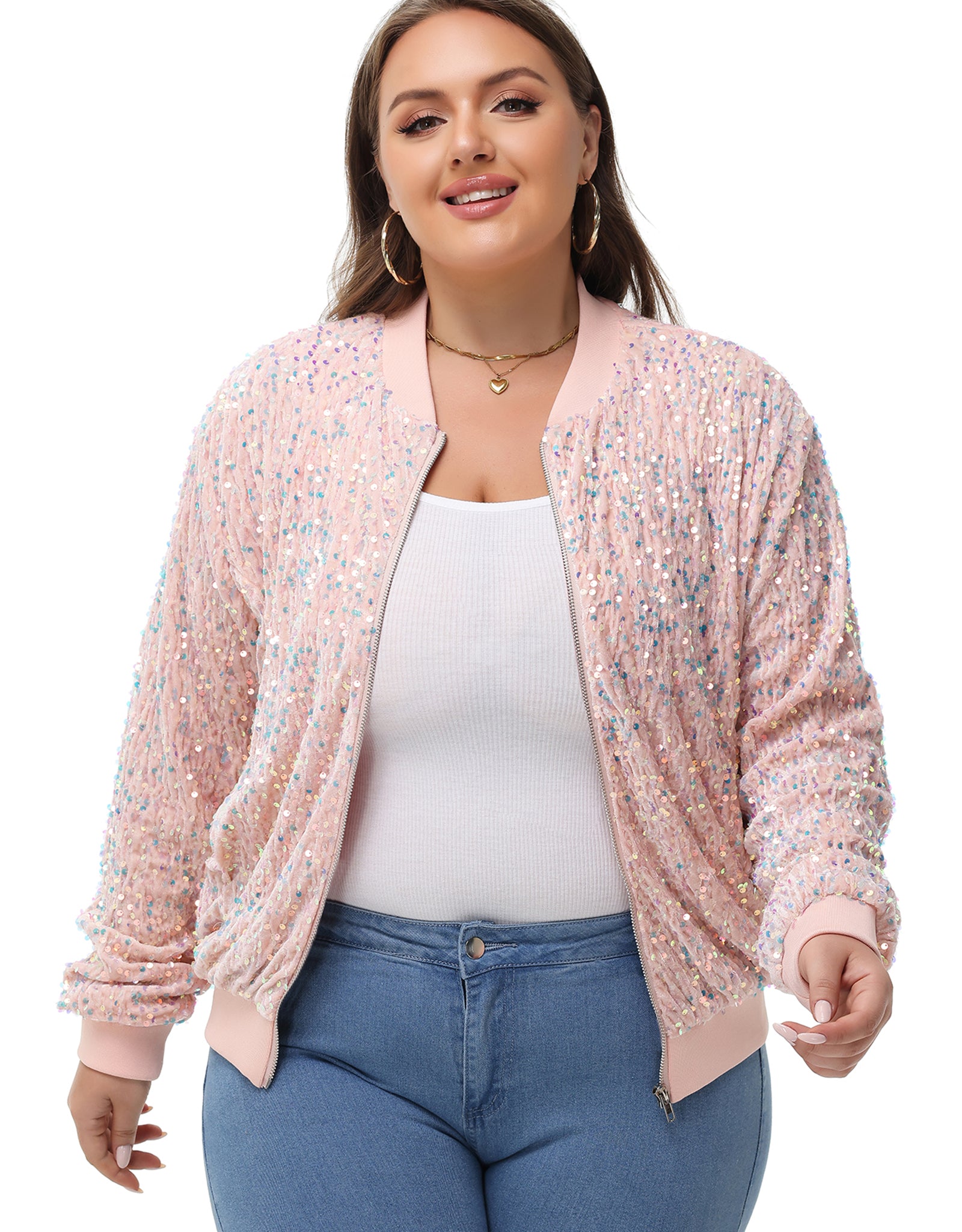 Anna-Kaci Women's Sequin Jacket Plus Size Sparkly Zip Bomber Coat With Pockets For Concert Party