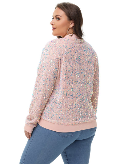 Anna-Kaci Women's Sequin Jacket Plus Size Sparkly Zip Bomber Coat With Pockets For Concert Party